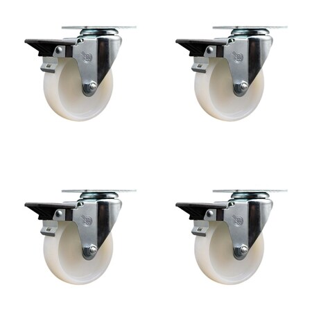 Service Caster 4'' Nylon Wheel Swivel Top Plate Caster Set with Posi Brake, 4PK SCC-20S414-NYS-PLB-4